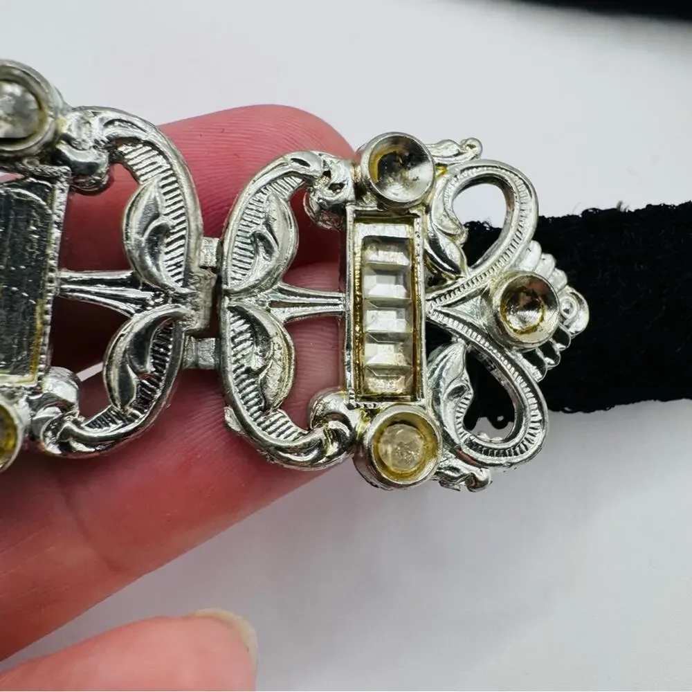 VTG WMCA Art Deco Silver Tone Belt Buckle Black Lace Belt Missing Rhinestones
